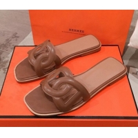 Fashion Hermes Aloha Calfskin Fringe Flat Slide Sandal H031409 Brown 2020