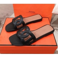 Top Quality Hermes Aloha Calfskin Fringe Flat Slide Sandal H031409 Black 2020