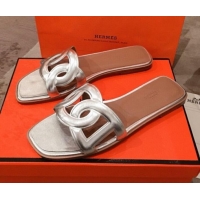 Well Crafted Hermes Aloha Calfskin Fringe Flat Slide Sandal H031409 Silver 2020