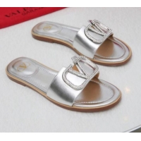 Classic Practical Valentino VLogo Calfskin Flat Slide Sandals V01051 Silver White