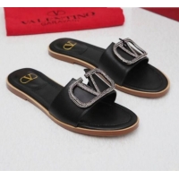 Classic Valentino VLogo Calfskin Flat Slide Sandals V01051 Black