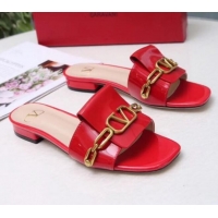 Discount Design Valentino Patent Leather Vlogo Chain Flat Slide Sandals V10116 Red