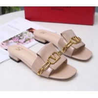 Top Design Valentino Patent Leather Vlogo Chain Flat Slide Sandals V10116 Apricot