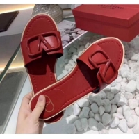 Unique Style Valentino VLogo Calfskin Flat Slides Sandals V22624 Red