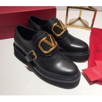 Top Grade Valentino Calfskin VLogo Buckle Loafers V30317 Black/Gold 2020