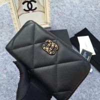 Inexpensive CHANEL 19 sheepskin & Gold-Tone Metal Wallet AP1063 black