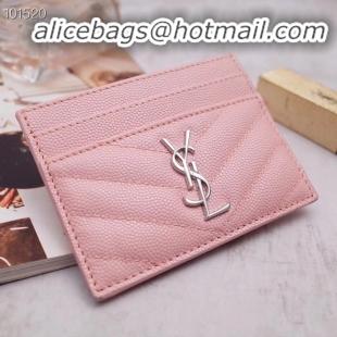 Faux Cheap SAINT LAURENT Monogram leather card holder 88337 Rose Ballerine Silver-Tone Metal