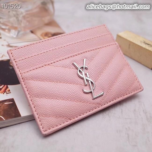 Faux Cheap SAINT LAURENT Monogram leather card holder 88337 Rose Ballerine Silver-Tone Metal