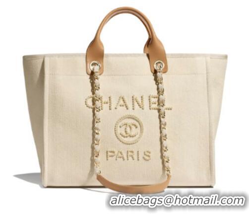 Big Enough Chanel Canvas Tote Shopping Bag A66941 Cream