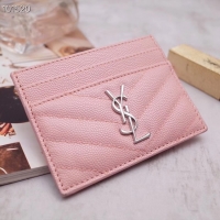 Faux Cheap SAINT LAURENT Monogram leather card holder 88337 Rose Ballerine Silver-Tone Metal