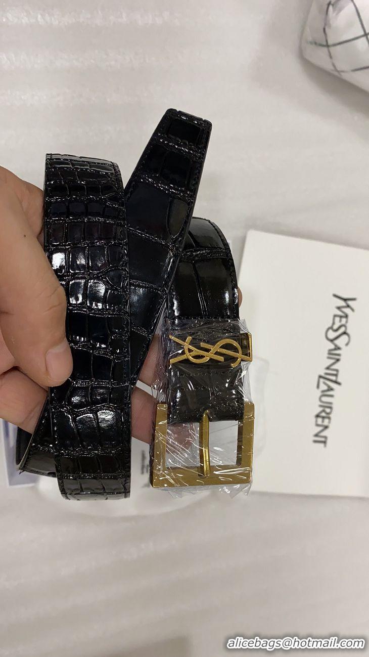 Discount Saint Laurent Width 3cm Monogramme Belt With Square Buckle Crocodile Embossed Leather Y8106 Glossy Black/Gold