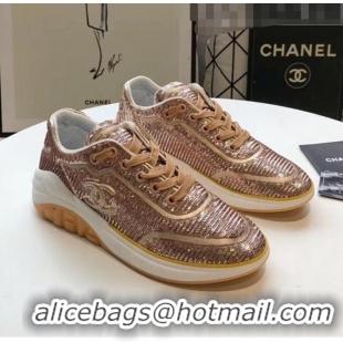 Inexpensive Chanel CC Logo Sequins & Leather Sneakers G35936 Light Gold 2020