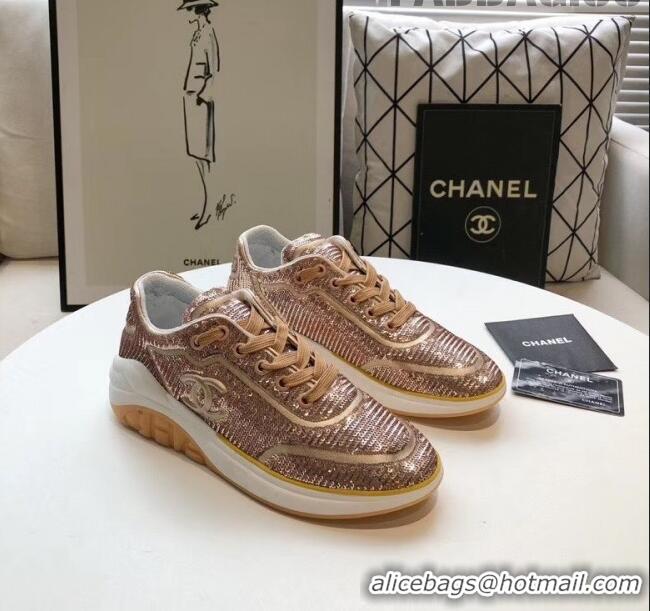 Inexpensive Chanel CC Logo Sequins & Leather Sneakers G35936 Light Gold 2020