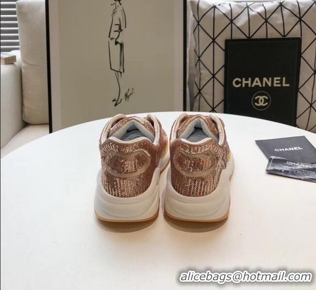 Inexpensive Chanel CC Logo Sequins & Leather Sneakers G35936 Light Gold 2020