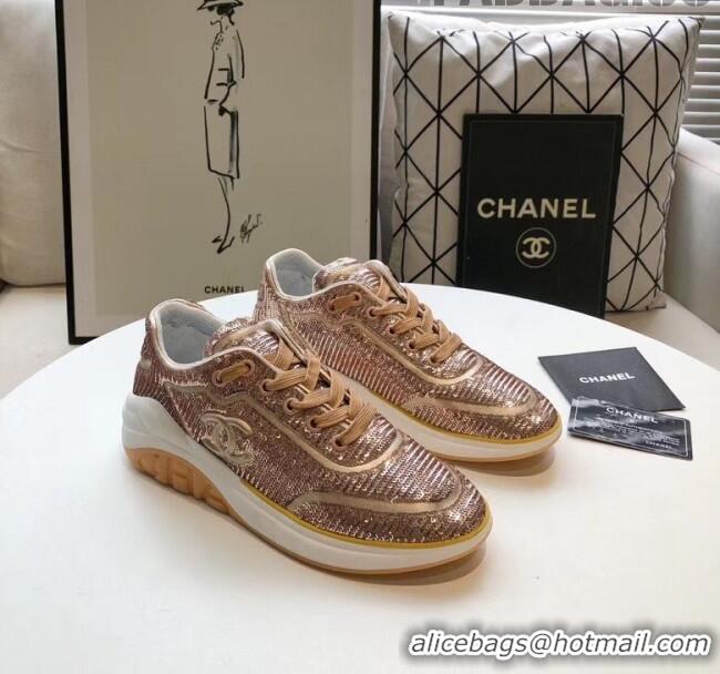 Inexpensive Chanel CC Logo Sequins & Leather Sneakers G35936 Light Gold 2020