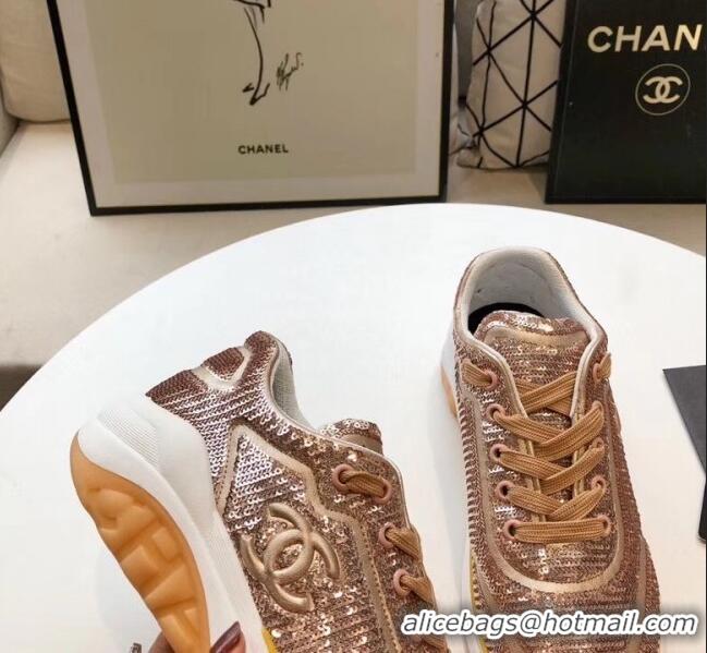 Inexpensive Chanel CC Logo Sequins & Leather Sneakers G35936 Light Gold 2020