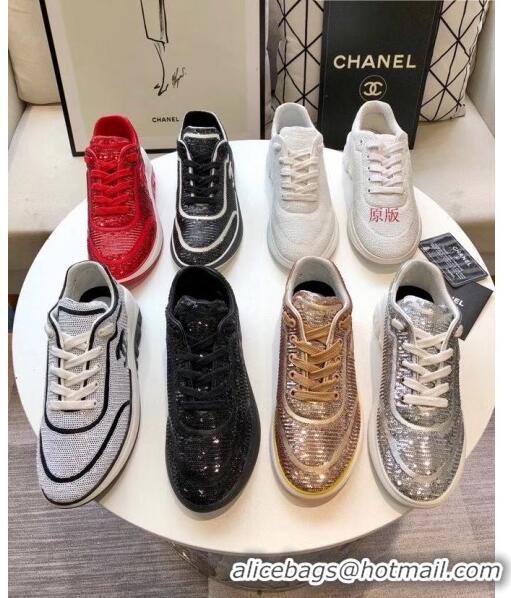 Inexpensive Chanel CC Logo Sequins & Leather Sneakers G35936 Light Gold 2020