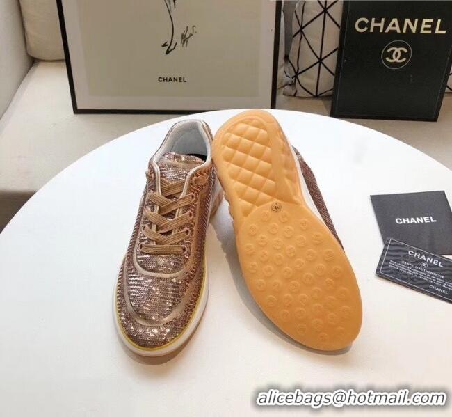 Inexpensive Chanel CC Logo Sequins & Leather Sneakers G35936 Light Gold 2020