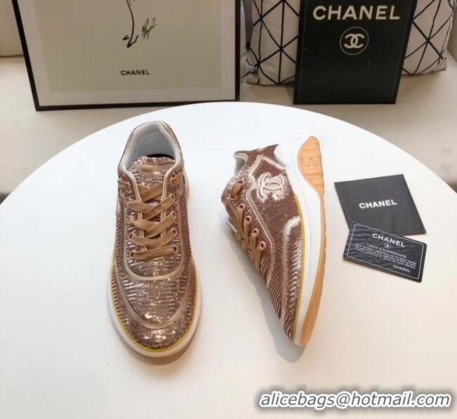 Inexpensive Chanel CC Logo Sequins & Leather Sneakers G35936 Light Gold 2020