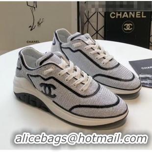 Discount Chanel CC Logo Sequins & Leather Sneakers G35936 White/Black 2020