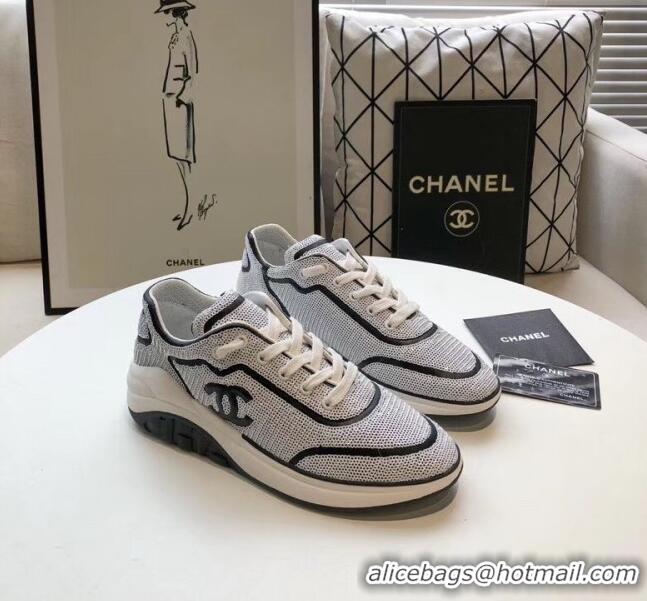 Discount Chanel CC Logo Sequins & Leather Sneakers G35936 White/Black 2020