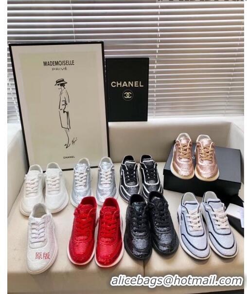 Discount Chanel CC Logo Sequins & Leather Sneakers G35936 White/Black 2020