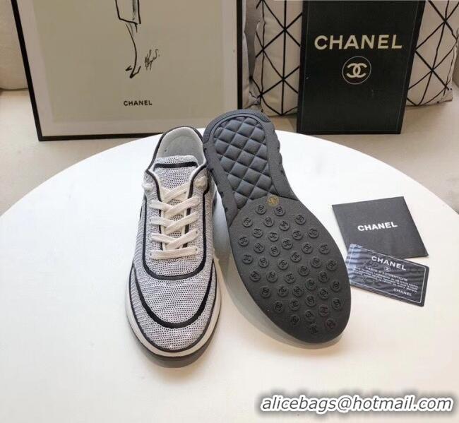 Discount Chanel CC Logo Sequins & Leather Sneakers G35936 White/Black 2020