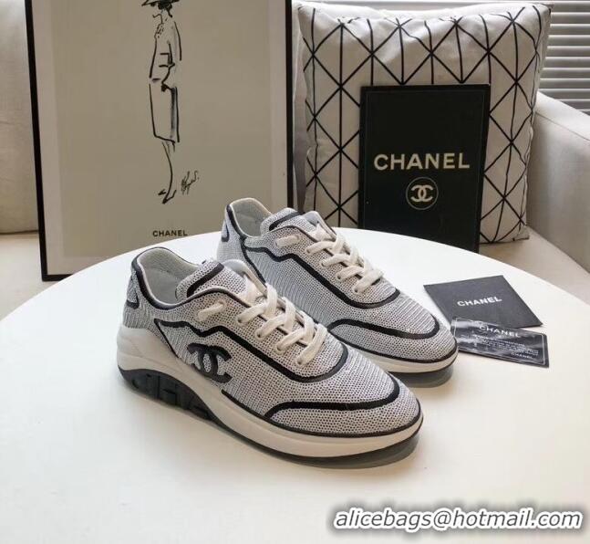 Discount Chanel CC Logo Sequins & Leather Sneakers G35936 White/Black 2020