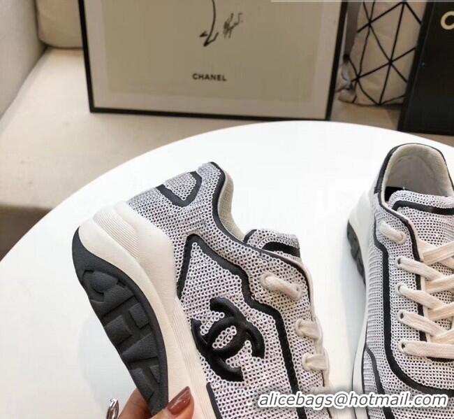 Discount Chanel CC Logo Sequins & Leather Sneakers G35936 White/Black 2020