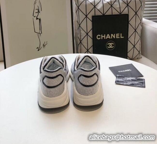 Discount Chanel CC Logo Sequins & Leather Sneakers G35936 White/Black 2020