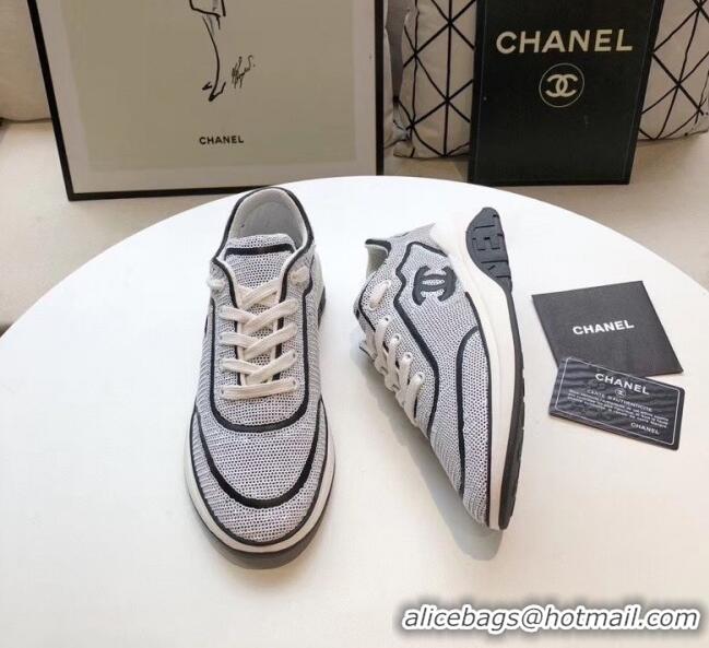 Discount Chanel CC Logo Sequins & Leather Sneakers G35936 White/Black 2020