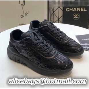 Top Quality Chanel CC Logo Sequins & Leather Sneakers G35936 Black 2020