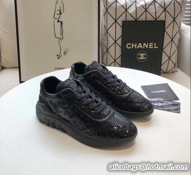 Top Quality Chanel CC Logo Sequins & Leather Sneakers G35936 Black 2020