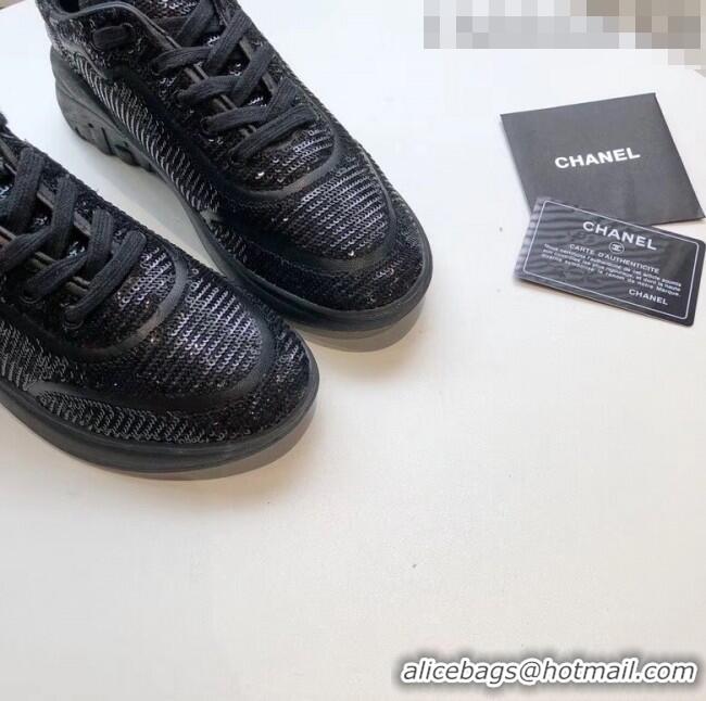 Top Quality Chanel CC Logo Sequins & Leather Sneakers G35936 Black 2020