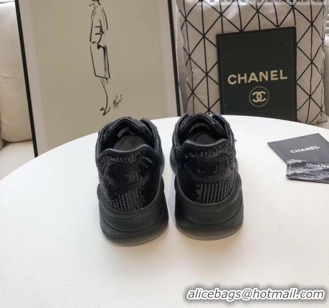 Top Quality Chanel CC Logo Sequins & Leather Sneakers G35936 Black 2020