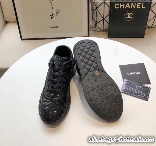 Top Quality Chanel CC Logo Sequins & Leather Sneakers G35936 Black 2020