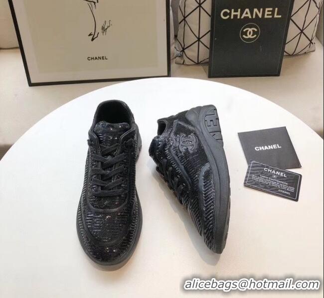 Top Quality Chanel CC Logo Sequins & Leather Sneakers G35936 Black 2020