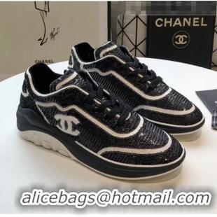 Cheapest Chanel CC Logo Sequins & Leather Sneakers G35936 Black/White 2020