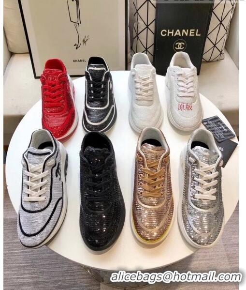 Cheapest Chanel CC Logo Sequins & Leather Sneakers G35936 Black/White 2020