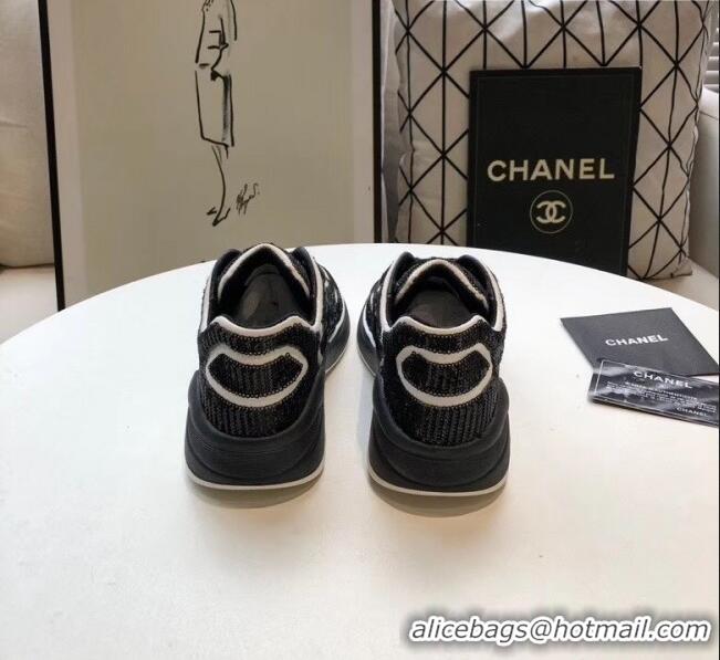 Cheapest Chanel CC Logo Sequins & Leather Sneakers G35936 Black/White 2020