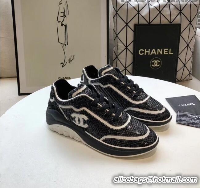 Cheapest Chanel CC Logo Sequins & Leather Sneakers G35936 Black/White 2020