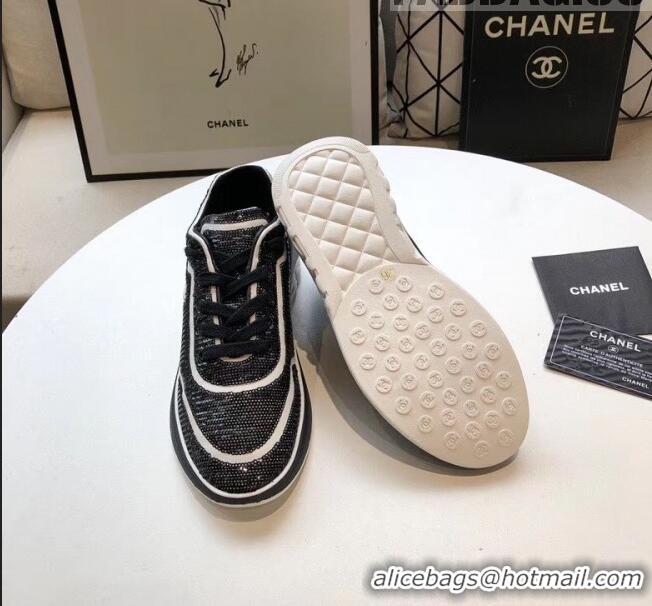 Cheapest Chanel CC Logo Sequins & Leather Sneakers G35936 Black/White 2020