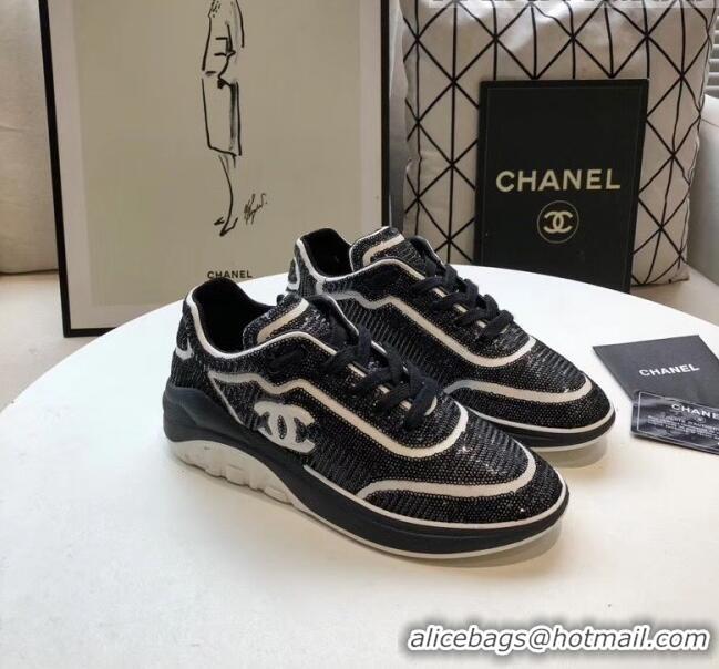 Cheapest Chanel CC Logo Sequins & Leather Sneakers G35936 Black/White 2020