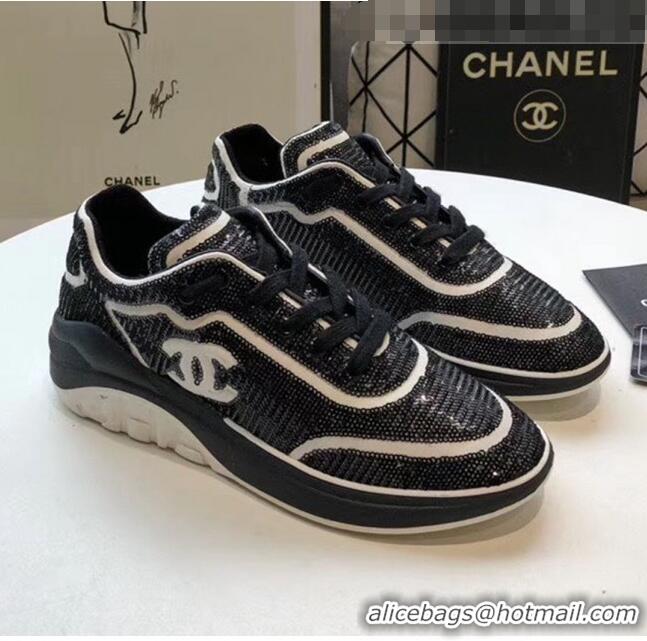 Cheapest Chanel CC Logo Sequins & Leather Sneakers G35936 Black/White 2020