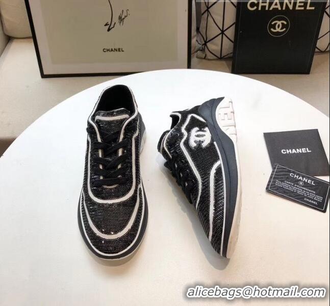 Cheapest Chanel CC Logo Sequins & Leather Sneakers G35936 Black/White 2020