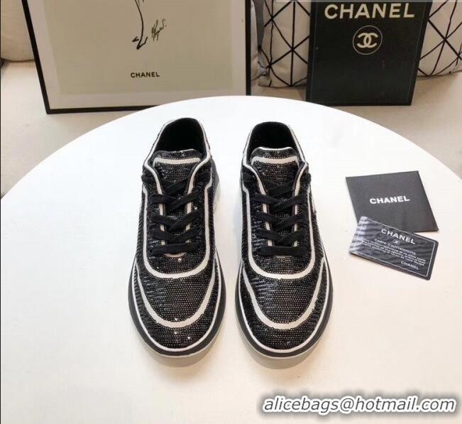 Cheapest Chanel CC Logo Sequins & Leather Sneakers G35936 Black/White 2020