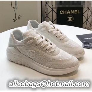 Inexpensive Chanel CC Logo Sequins & Leather Sneakers G35936 White 2020