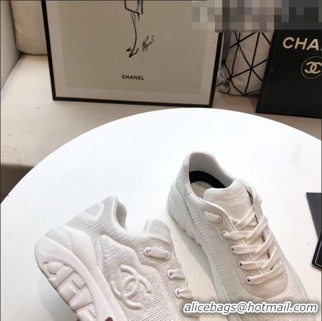 Inexpensive Chanel CC Logo Sequins & Leather Sneakers G35936 White 2020