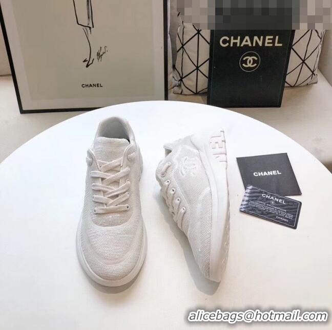 Inexpensive Chanel CC Logo Sequins & Leather Sneakers G35936 White 2020