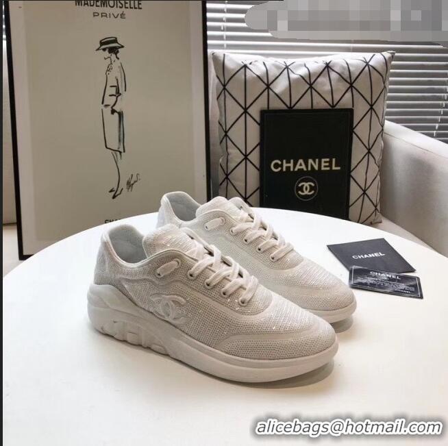 Inexpensive Chanel CC Logo Sequins & Leather Sneakers G35936 White 2020